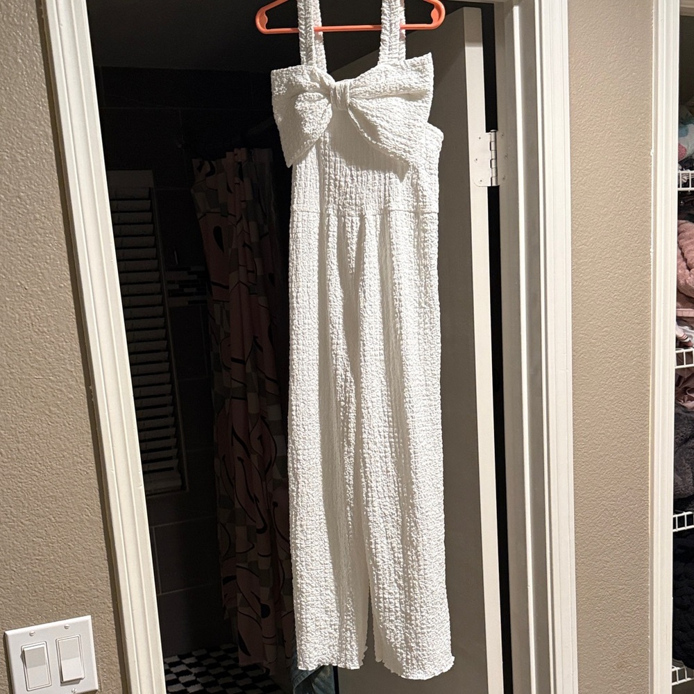 White Textured Jumpsuit with Bow Detail